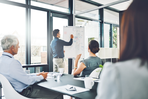 A business coach leading a class for a company's C-suite team